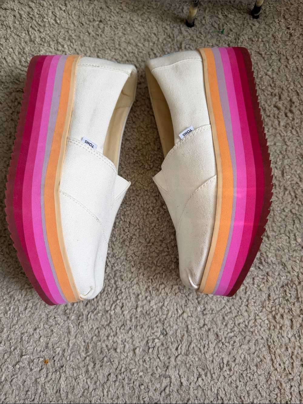 TOMS White Canvas Slip-On Platforms with Pink and Orange Gradient Sole - Picture 4 of 8